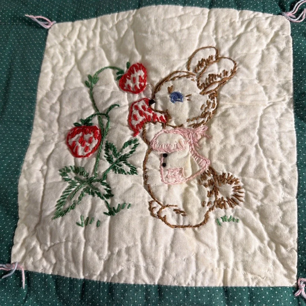 Vintage Handmade Embroidered Crib Quilt Playful Animals Green White